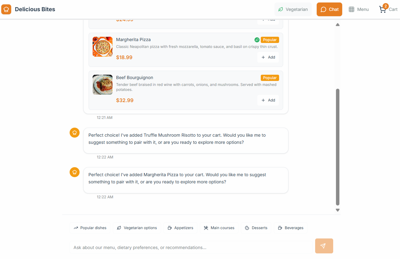 In-restaurant AI menu assistant chat interface